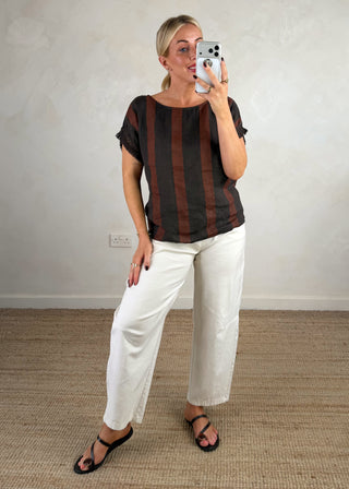Nia striped linen top - Rust/chocolate