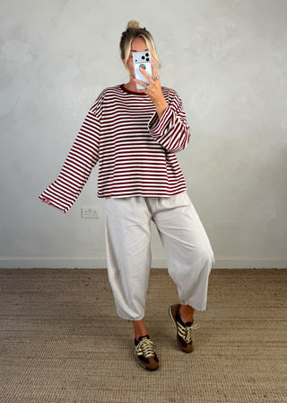Nico crew neck striped tee - Merlot/cream