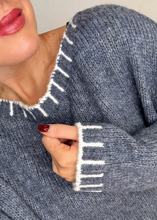 Elle contrast stitch knit - denim/cream