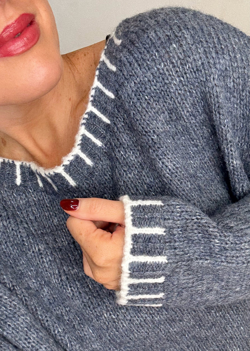 Elle contrast stitch knit - denim/cream