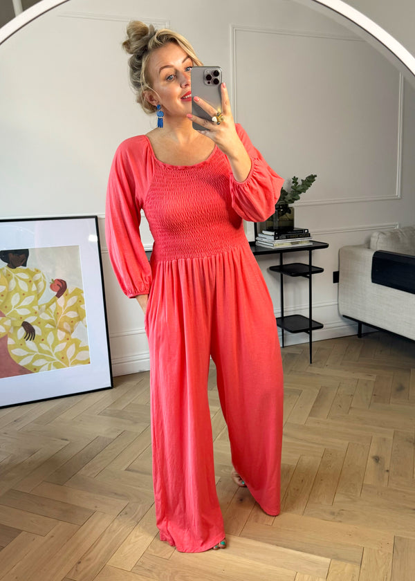 Theo shirred bodice jumpsuit - Coral-The Style Attic