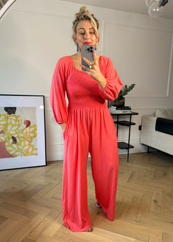 Theo shirred bodice jumpsuit - Coral-The Style Attic