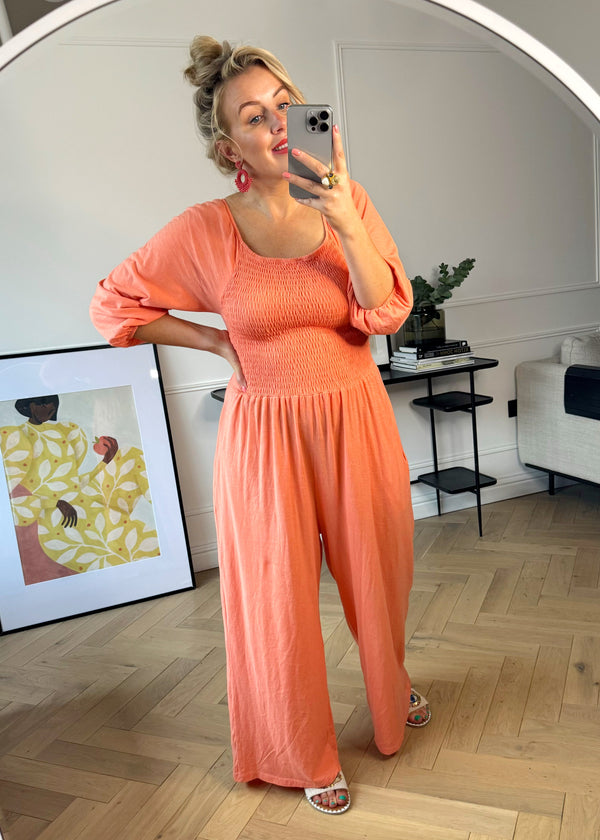 Theo shirred bodice jumpsuit - peach-The Style Attic