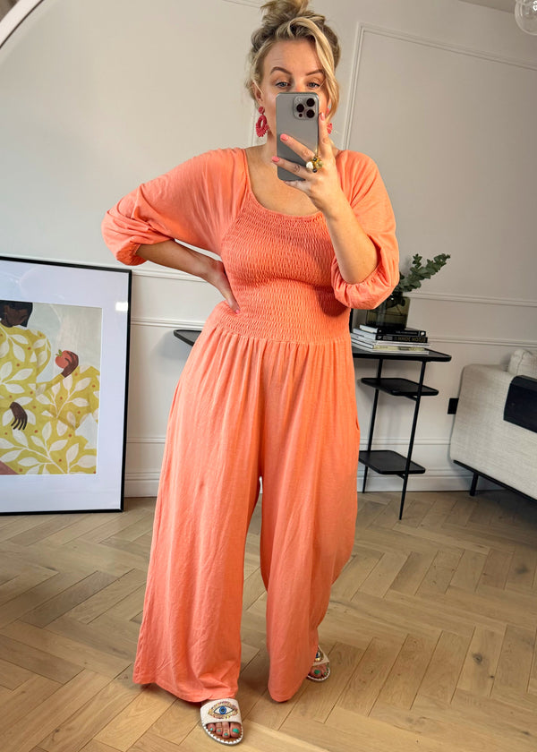 Theo shirred bodice jumpsuit - peach-The Style Attic