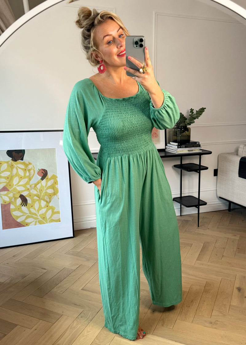 Theo shirred bodice jumpsuit - spearmint-The Style Attic