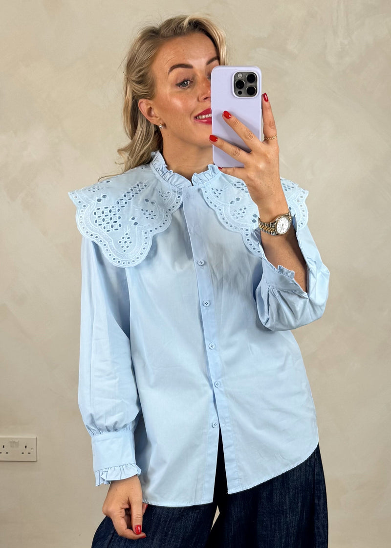 Tilly broderie collar shirt - cornflower-The Style Attic