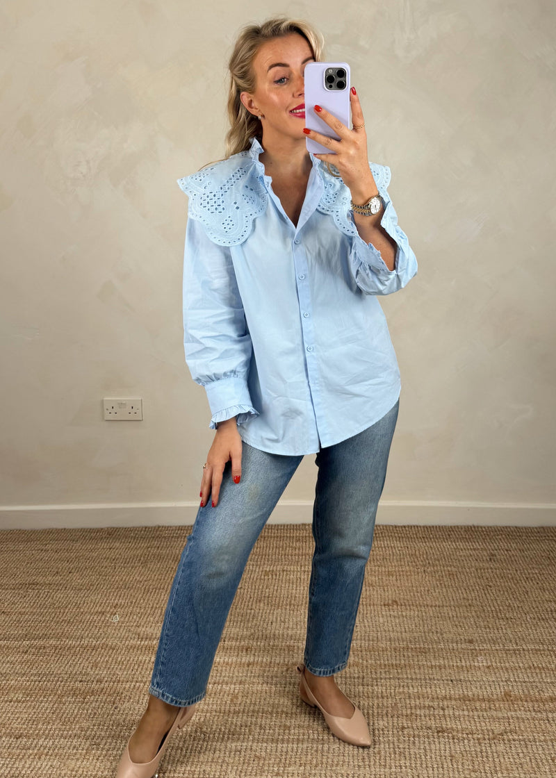 Tilly broderie collar shirt - cornflower-The Style Attic