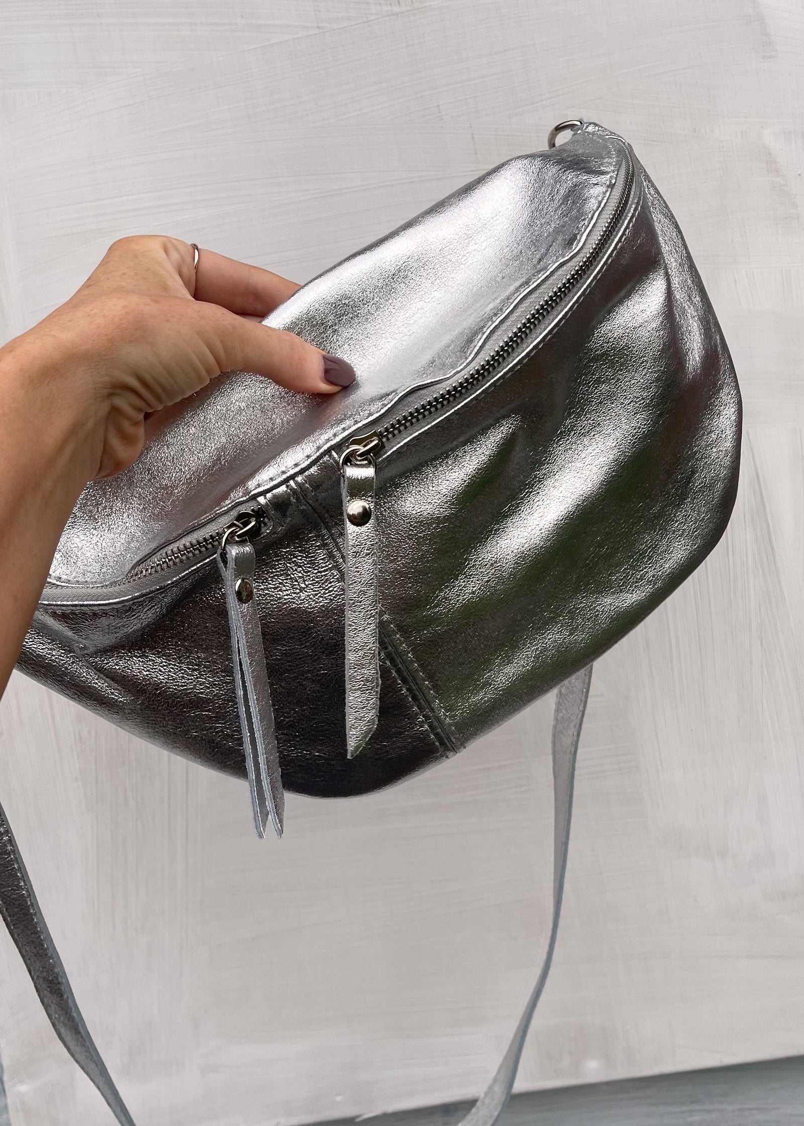 Tori leather sling bag silver The Style Attic