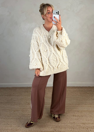 V-neck chunky cable knit - cream-The Style Attic