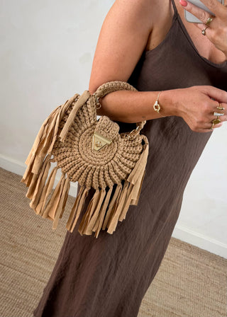 Woven fringed bag - camel-The Style Attic