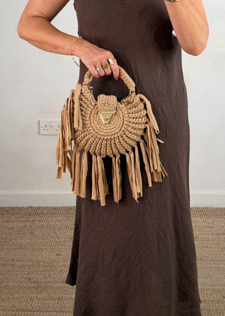 Woven fringed bag - camel-The Style Attic