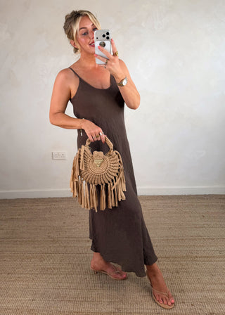 Woven fringed bag - camel-The Style Attic