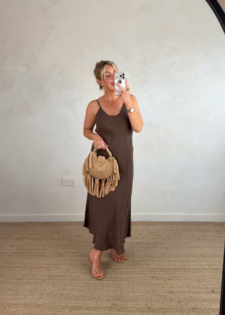 Woven fringed bag - camel-The Style Attic