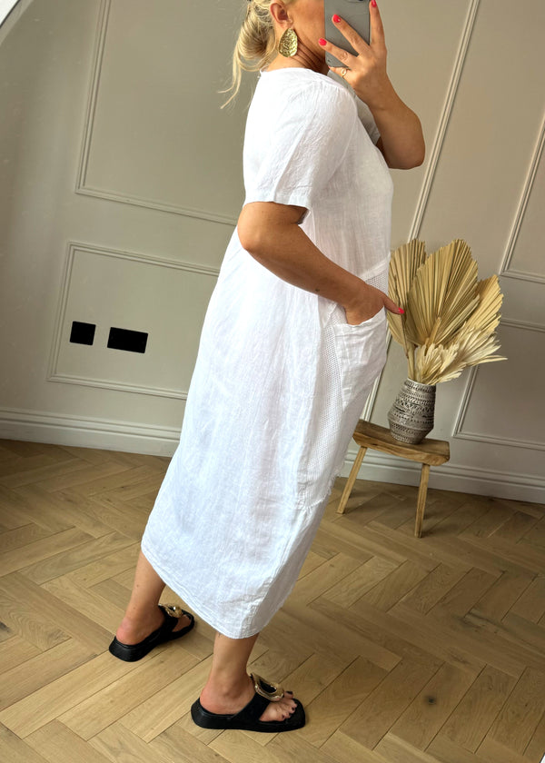 cocoon linen pocket dress - white-The Style Attic