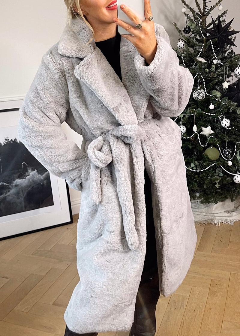 faux fur belted Jacket - grey-The Style Attic